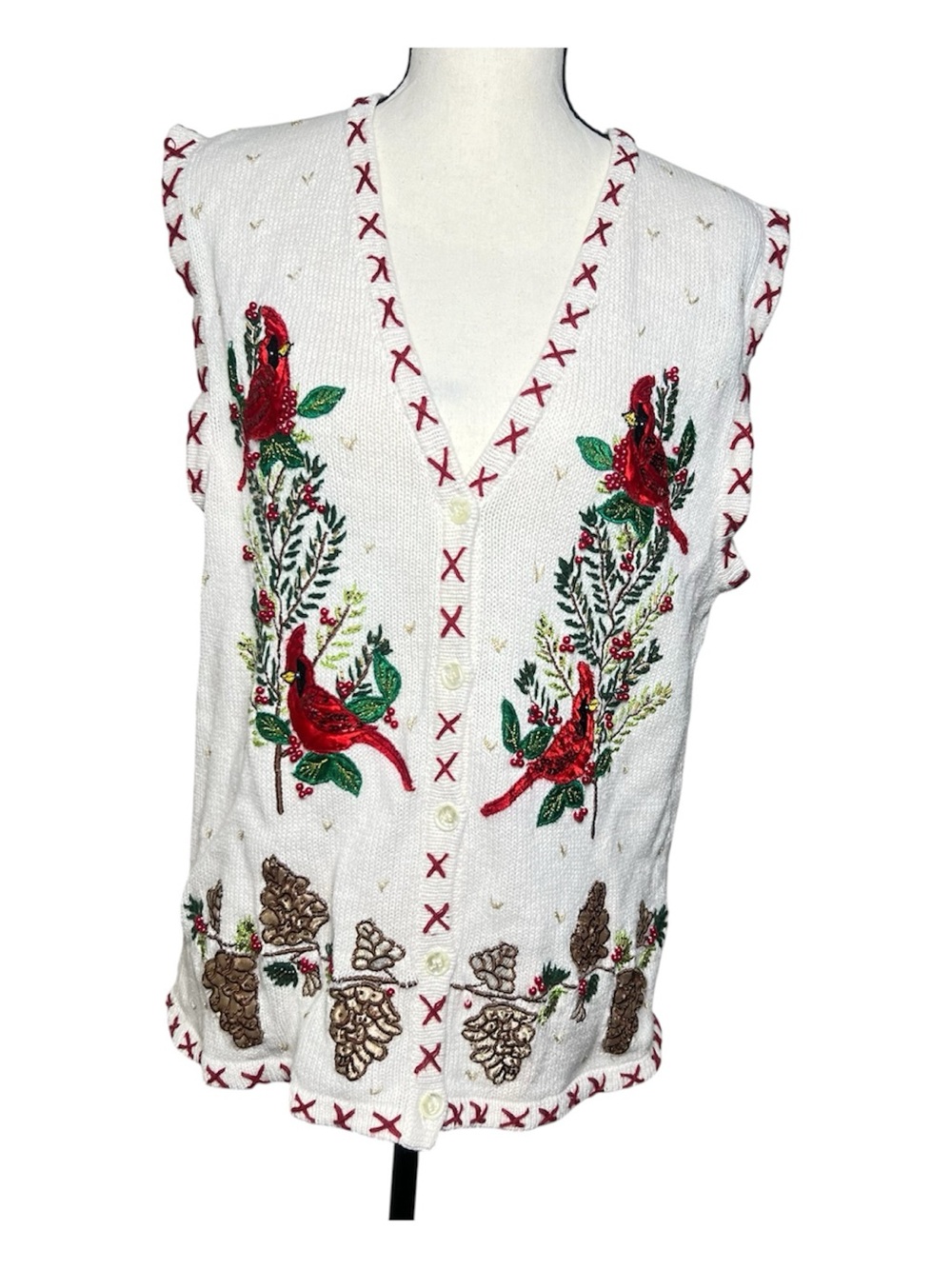 Bobbie Brooks White Knit Vest with Red Cardinal Birds Embroidery Size Small
